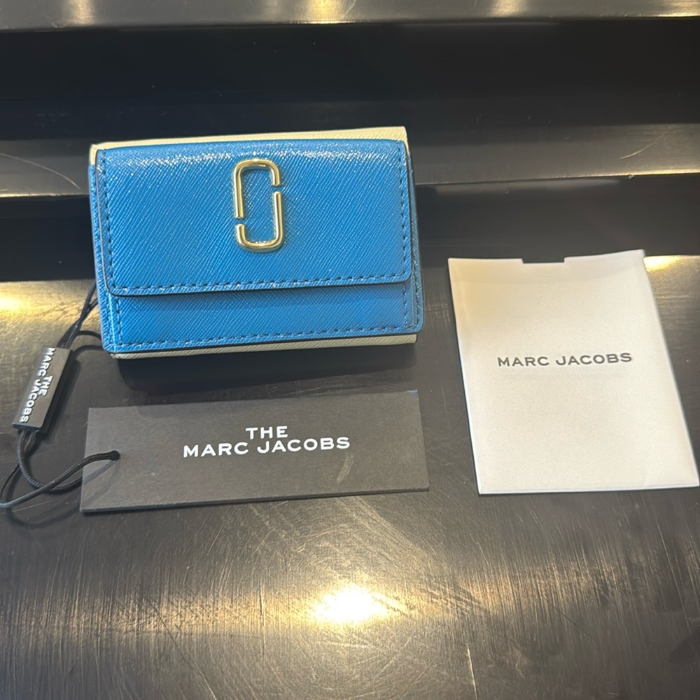 Marc Jacobs Blue Trifold Leather Wallet with Gold Tone Hardware